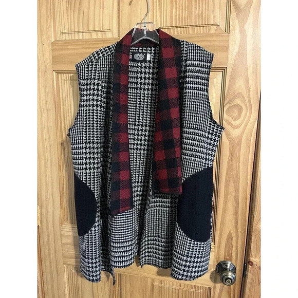 Cameleon Women’s Size Large Plaid Houndstooth Black Red White Vest Wool USA Made - Picture 1 of 6